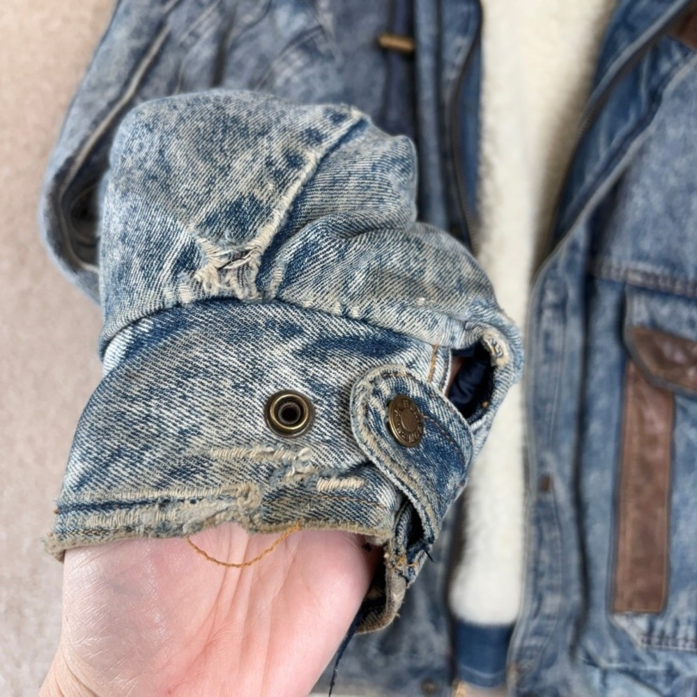 VINTAGE 80s Acid Wash Denim Bomber Jacket Mens Size XL Fleece Lined Distressed - Picture 10 of 12
